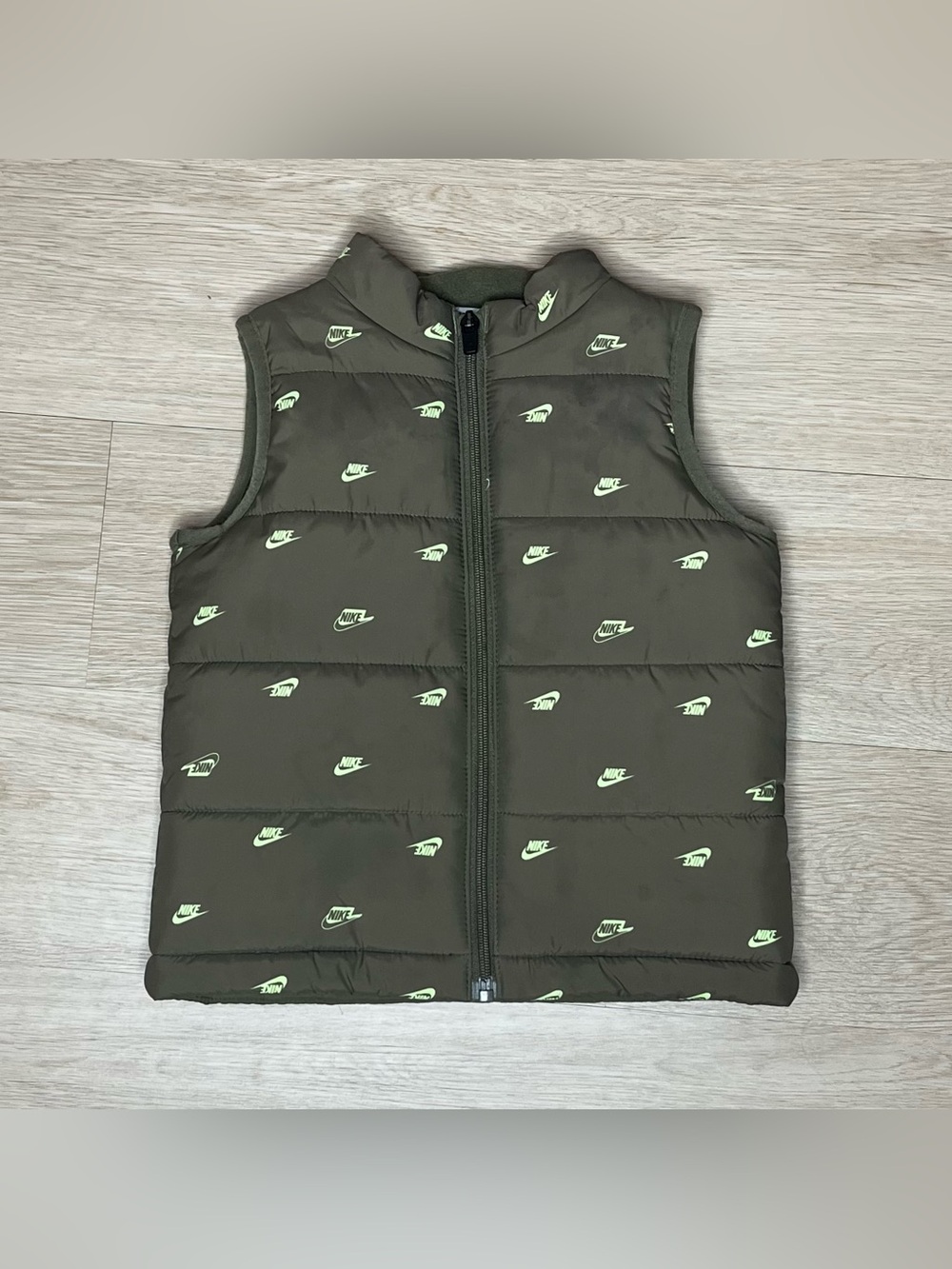Nike Kids Olive Green Puffer Vest with Neon Lime Logos